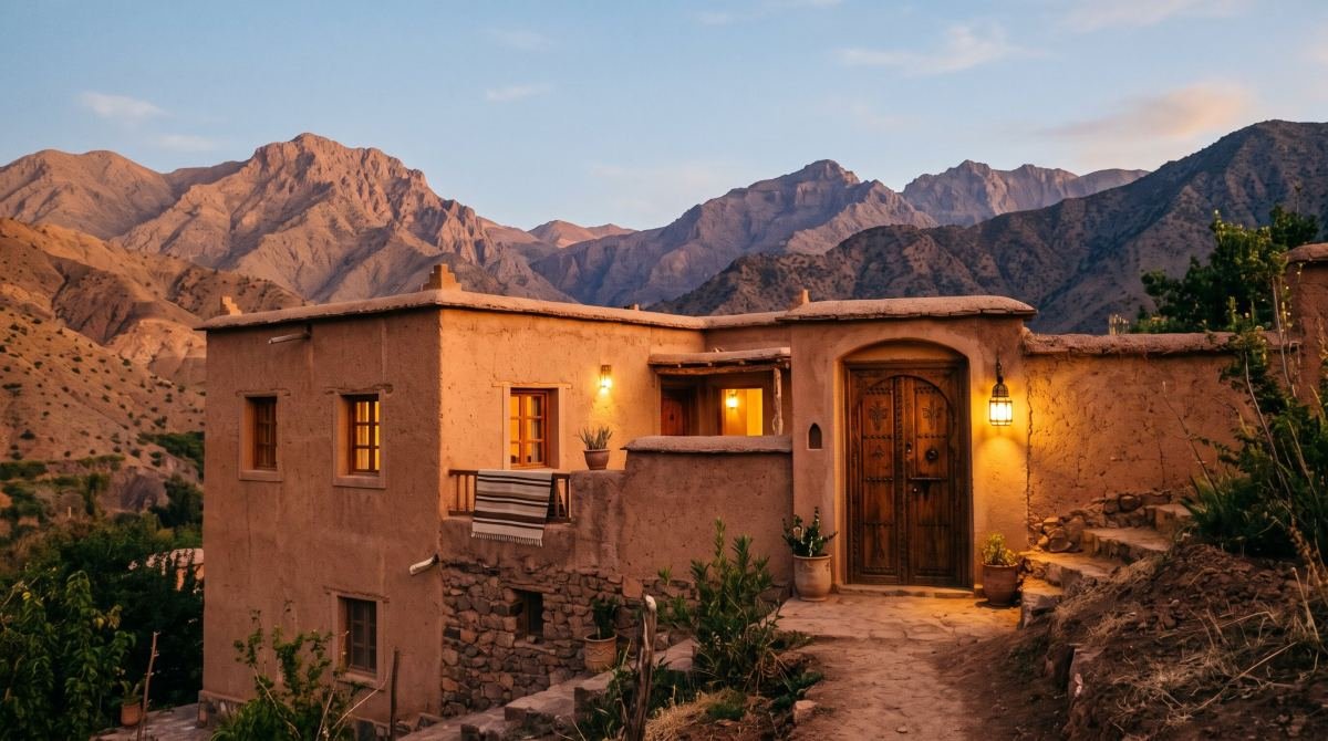 A warm Berber adobe guesthouse in the High Atlas at dusk