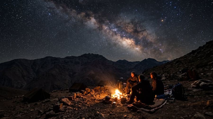 Campfire beneath a starry sky at a High Atlas camp