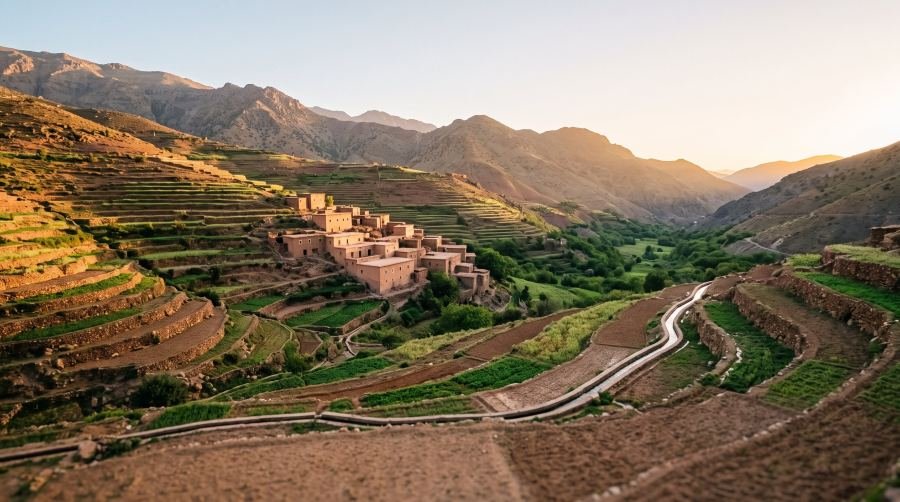 Terraced High Atlas slopes at dawn