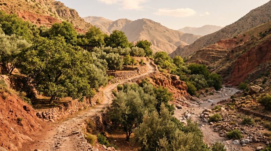A mule path through walnut and olive groves in the High Atlas