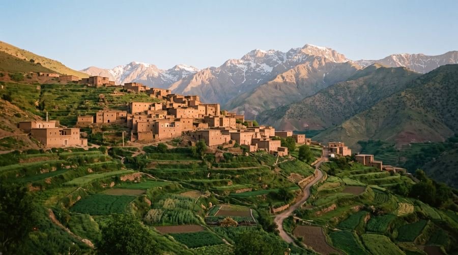 A mud-brick Berber village on a green High Atlas hillside