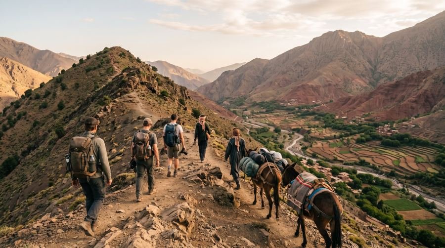 Trekkers and a mule team on a High Atlas ridge