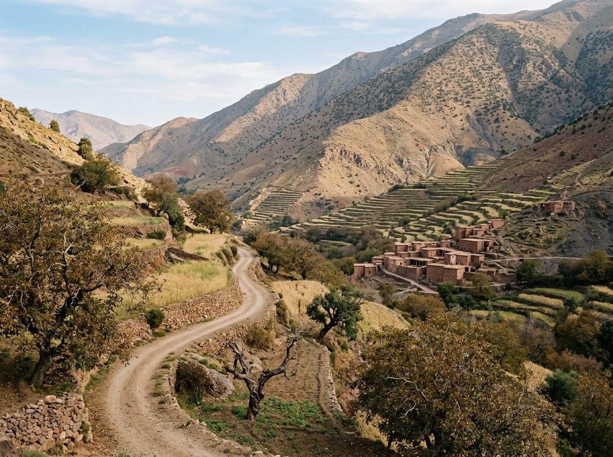A quiet mule path through a terraced High Atlas valley in Morocco