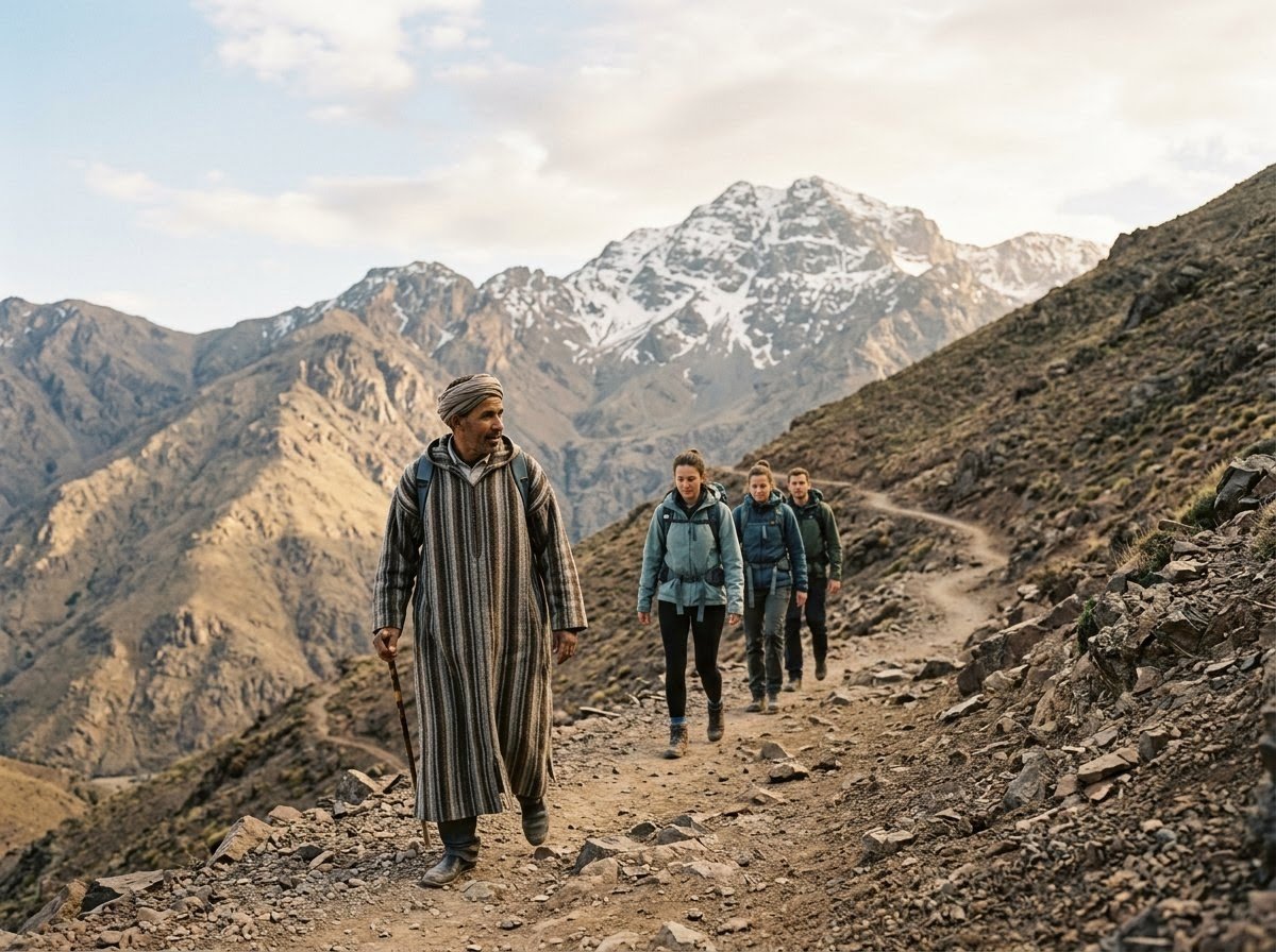 A local Berber guide leading trekkers in the High Atlas