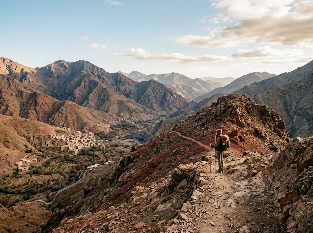 A high ridge pass over the High Atlas with a village valley below