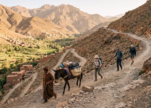 Trekkers pacing a High Atlas mule trail