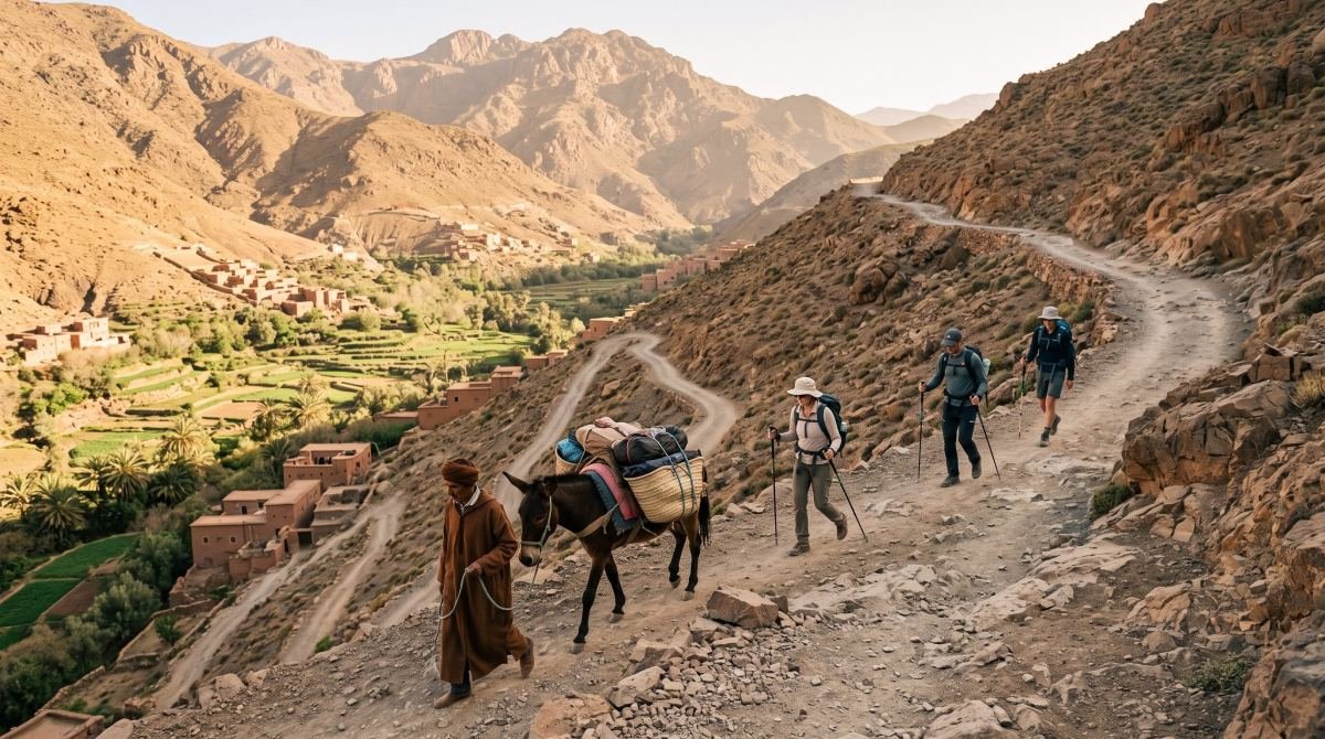 Trekkers pacing a High Atlas mule trail