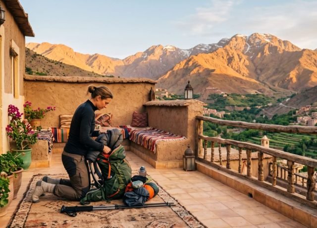 A trekker packing a rucksack on a Berber guesthouse terrace