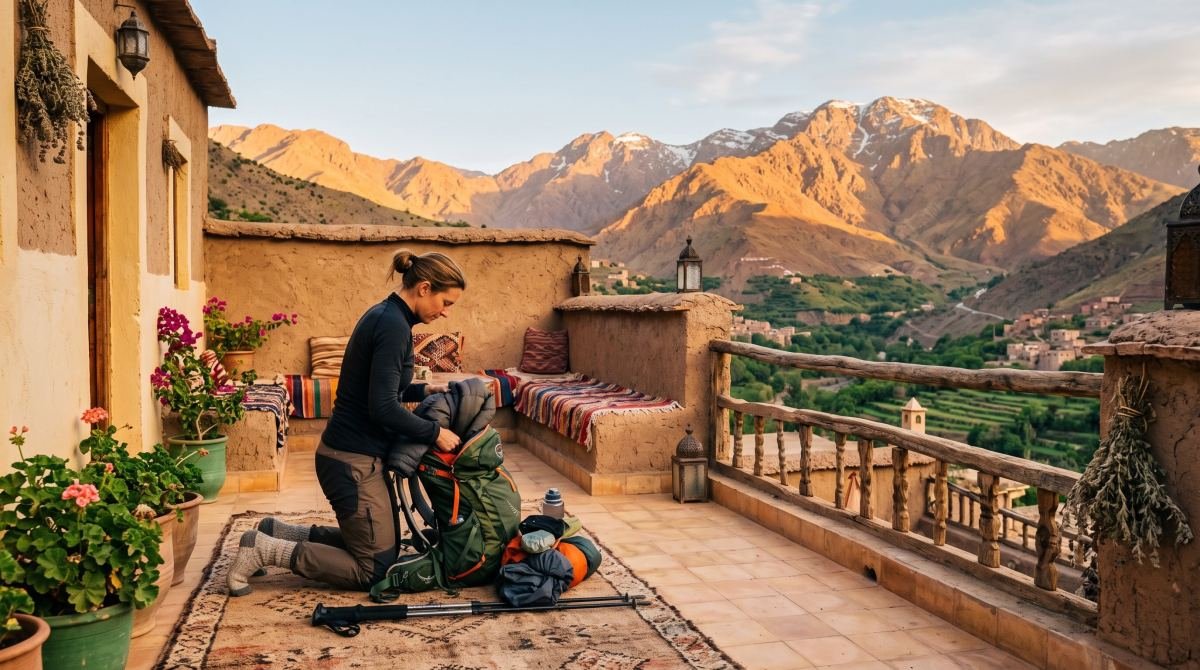 A trekker packing a rucksack on a Berber guesthouse terrace