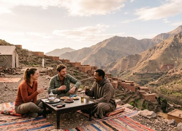 Trekking group resting at a High Atlas mountain camp