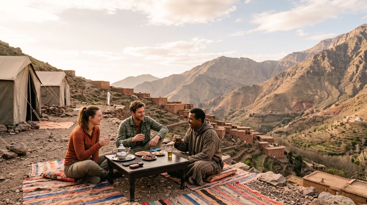 Trekking group resting at a High Atlas mountain camp