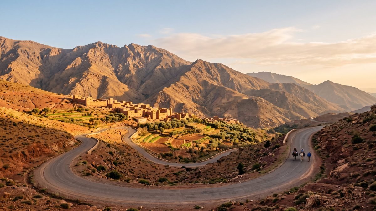 A scenic road winding from Marrakech into the High Atlas