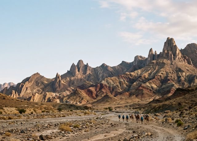 Twisted ridgelines and needle peaks of the wild Sarhro massif above a dry riverbed in southern Morocco