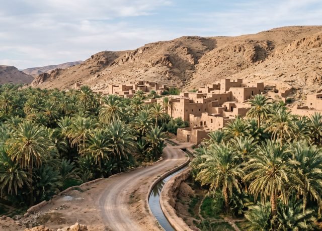 Palm grove and mud-brick village in the Draa valley oasis with earthen tracks