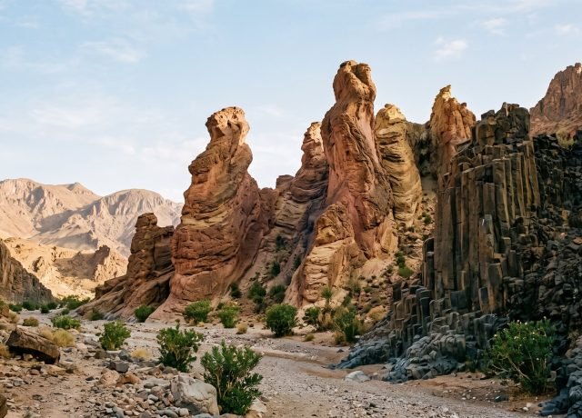 Twisted red and ochre rock towers and basalt columns rising from a dry riverbed
