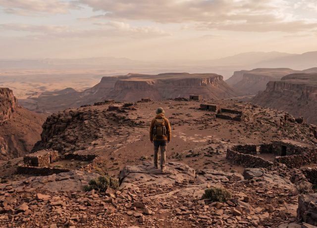 Walker on a rocky Sarhro summit looking over flat-topped red rock basins and desert plains