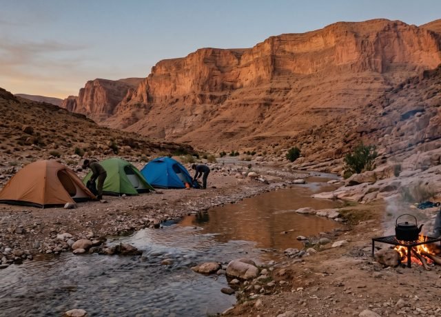 Small tent camp at dusk beside a stream in a rocky Anti-Atlas valley