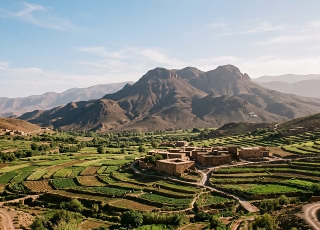 Volcanic Siroua massif rising above saffron terraces and a Berber hamlet in Morocco's Anti-Atlas
