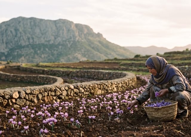Saffron terraces with purple crocus flowers and a Berber woman harvesting