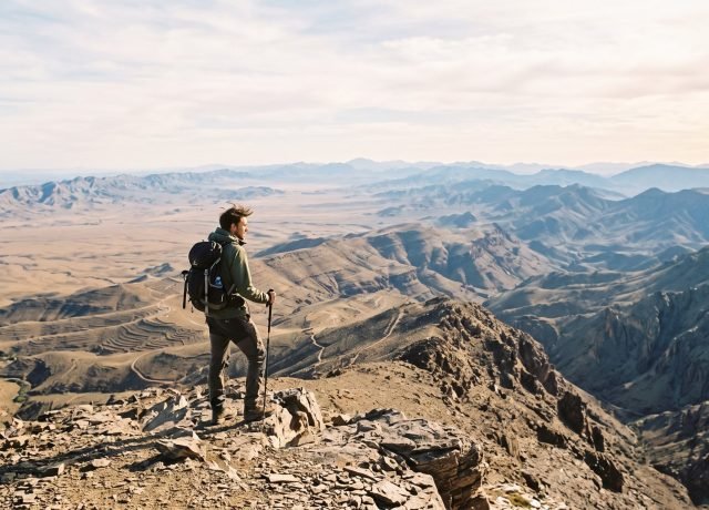 Walker on the Siroua fore-summit ridge looking out over sunlit plains and distant mountains