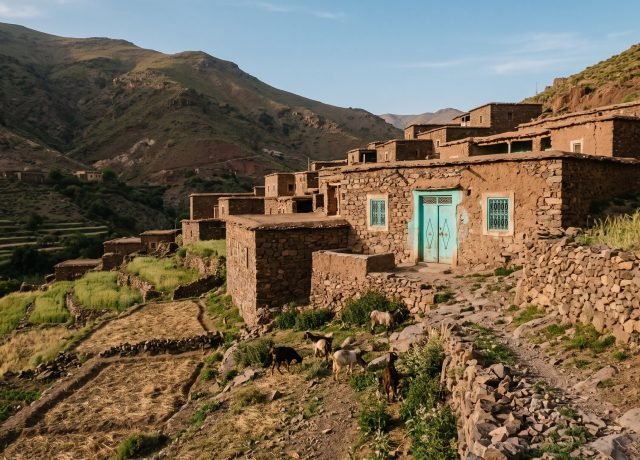 Stone-and-earth Berber hamlet with a painted door and terraced fields below