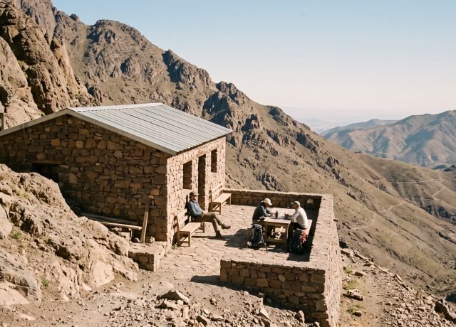 Stone mountain refuge below the Toubkal summit